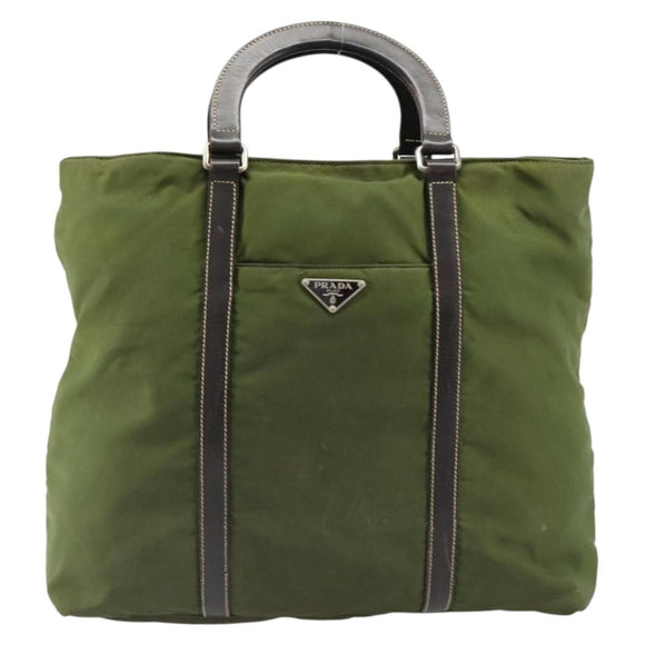 PRADA Hand Bag Nylon Khaki Silver Auth 179546
