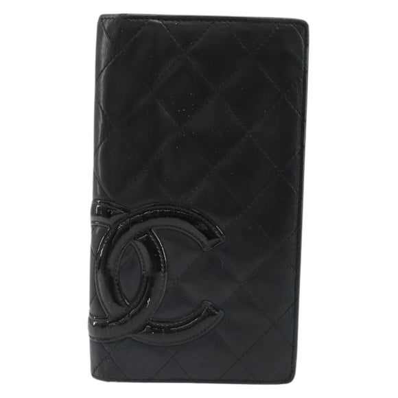CHANEL Cambon Line Wallet Lamb Skin Black CC Auth 179550