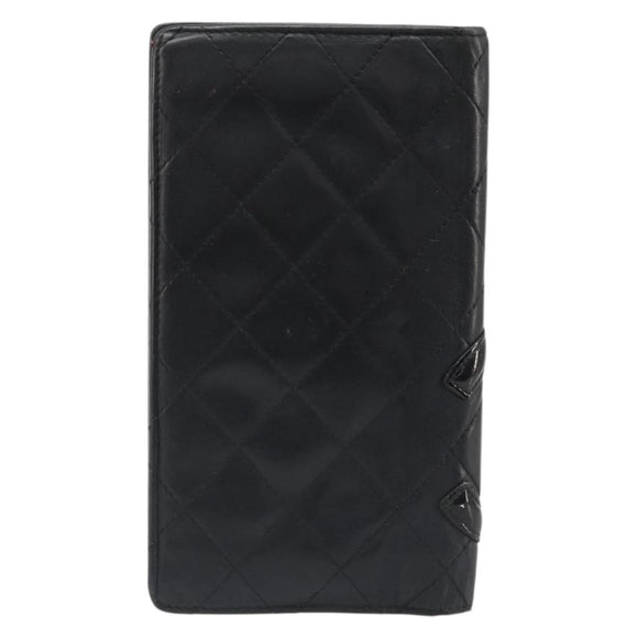 CHANEL Cambon Line Wallet Lamb Skin Black CC Auth 179550