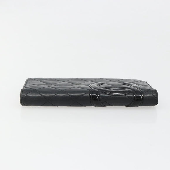 CHANEL Cambon Line Wallet Lamb Skin Black CC Auth 179550