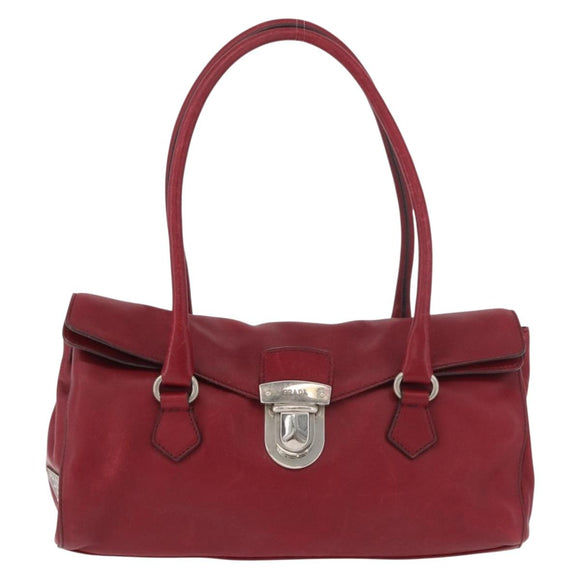 PRADA Hand Bag Leather Red Silver Auth 179569A