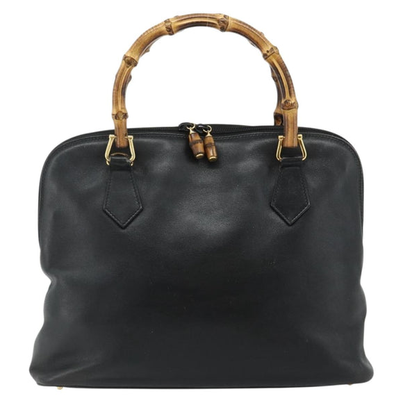 GUCCI Bamboo Hand Bag Leather Black Gold 000 3780 0289 Auth 179579