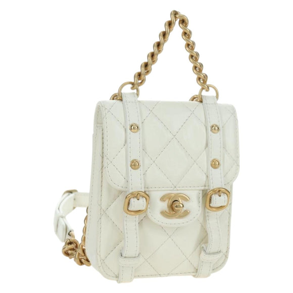 CHANEL Matelasse Chain Shoulder Bag Leather 2way White Gold CC Auth 179581SAM