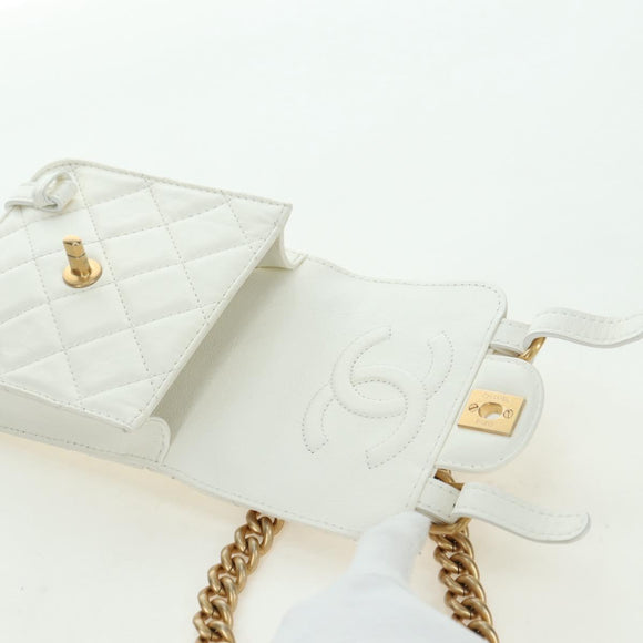 CHANEL Matelasse Chain Shoulder Bag Leather 2way White Gold CC Auth 179581SAM
