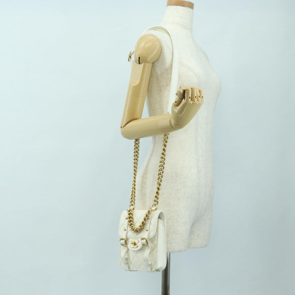 CHANEL Matelasse Chain Shoulder Bag Leather 2way White Gold CC Auth 179581SAM