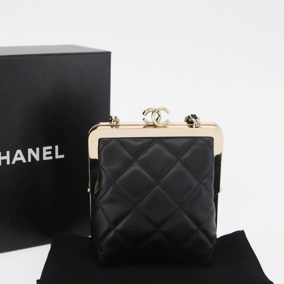 CHANEL Matelasse Chain Shoulder Bag Lamb Skin Black Gold CC Auth 179592SAM