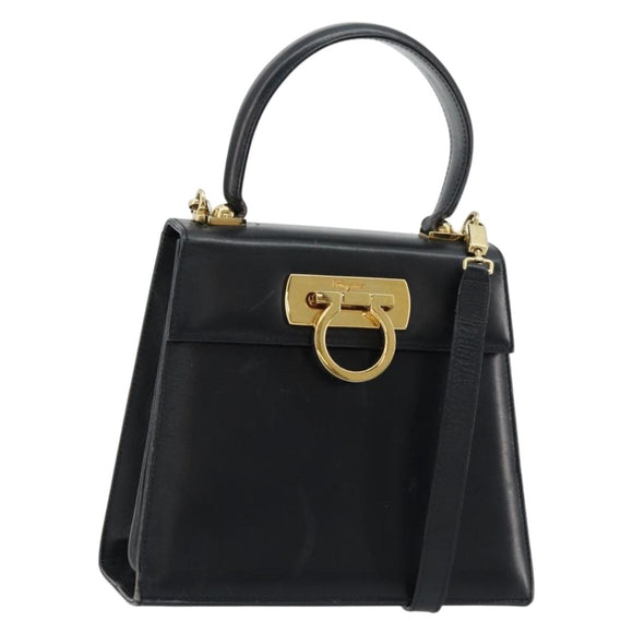 Salvatore Ferragamo Gancini Hand Bag Leather 2way Black Gold Auth 179604