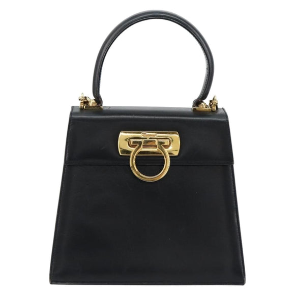 Salvatore Ferragamo Gancini Hand Bag Leather 2way Black Gold Auth 179604