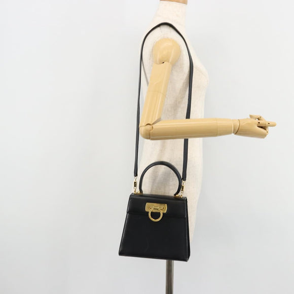 Salvatore Ferragamo Gancini Hand Bag Leather 2way Black Gold Auth 179604
