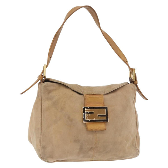 FENDI Mamma Baguette Shoulder Bag Suede Beige Gold Auth 179607