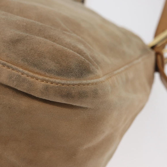 FENDI Mamma Baguette Shoulder Bag Suede Beige Gold Auth 179607