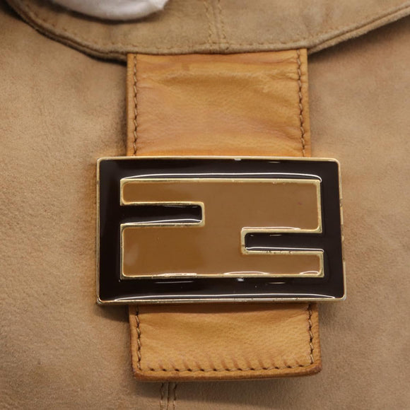 FENDI Mamma Baguette Shoulder Bag Suede Beige Gold Auth 179607