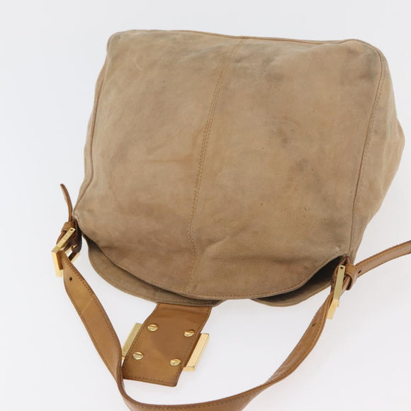 FENDI Mamma Baguette Shoulder Bag Suede Beige Gold Auth 179607