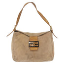 FENDI Mamma Baguette Shoulder Bag Suede Beige Gold Auth 179607-13