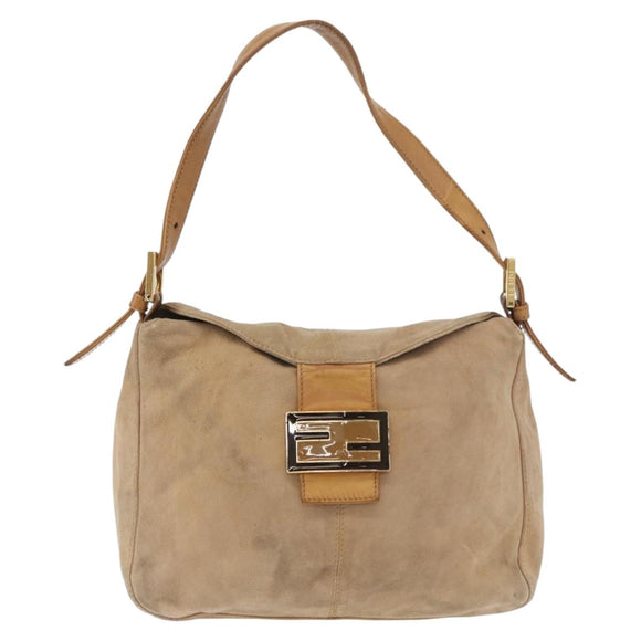 FENDI Mamma Baguette Shoulder Bag Suede Beige Gold Auth 179607