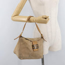 FENDI Mamma Baguette Shoulder Bag Suede Beige Gold Auth 179607-25