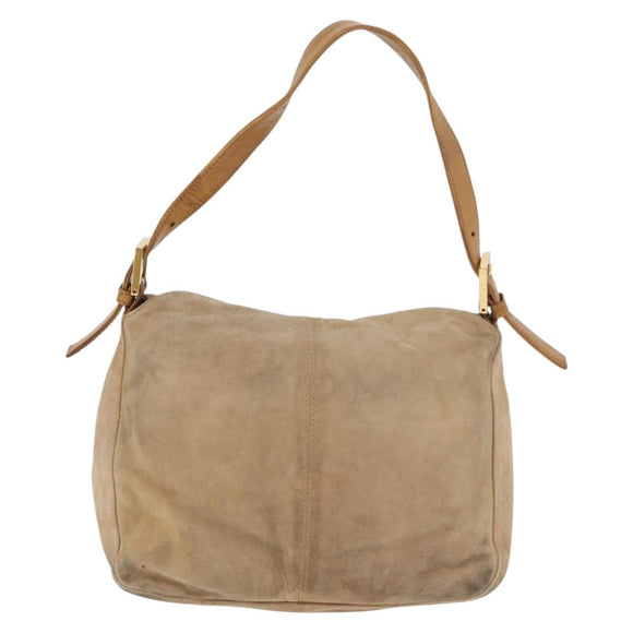 FENDI Mamma Baguette Shoulder Bag Suede Beige Gold Auth 179607