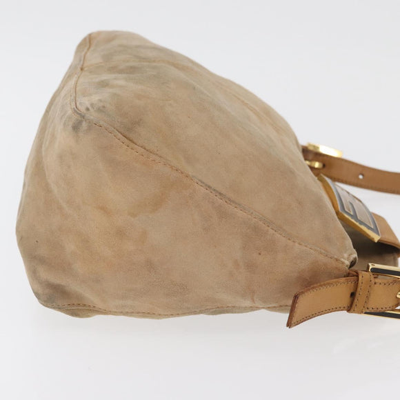 FENDI Mamma Baguette Shoulder Bag Suede Beige Gold Auth 179607