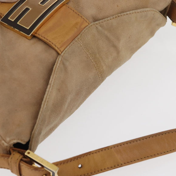 FENDI Mamma Baguette Shoulder Bag Suede Beige Gold Auth 179607