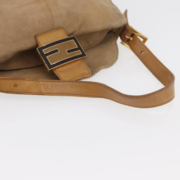 FENDI Mamma Baguette Shoulder Bag Suede Beige Gold Auth 179607
