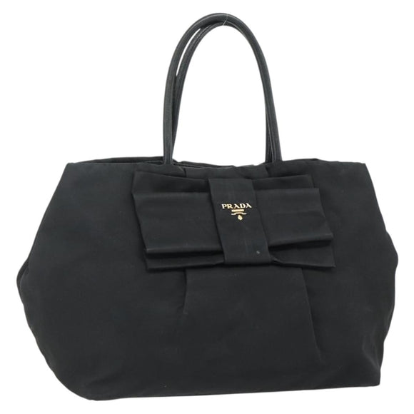 PRADA Ribbon Hand Bag Nylon Black Gold Auth 179608
