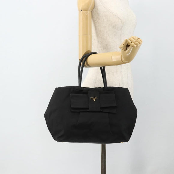 PRADA Ribbon Hand Bag Nylon Black Gold Auth 179608