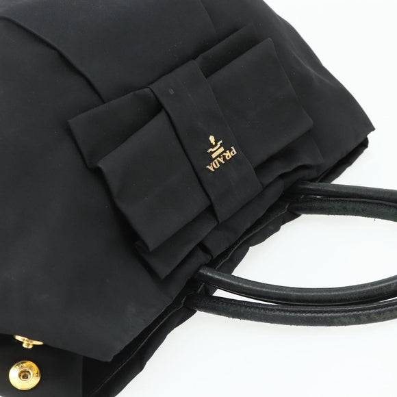 PRADA Ribbon Hand Bag Nylon Black Gold Auth 179608