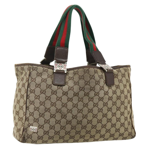 GUCCI GG Canvas Web Sherry Line Hand Bag Beige Silver 145758 Auth 179610