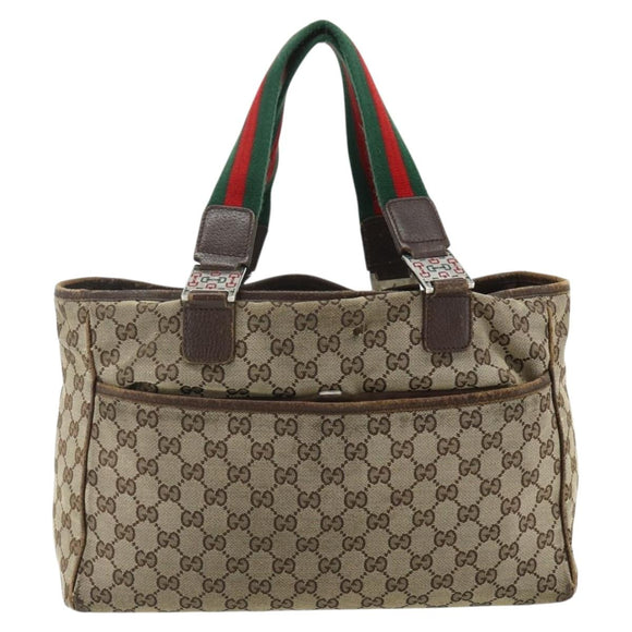 GUCCI GG Canvas Web Sherry Line Hand Bag Beige Silver 145758 Auth 179610