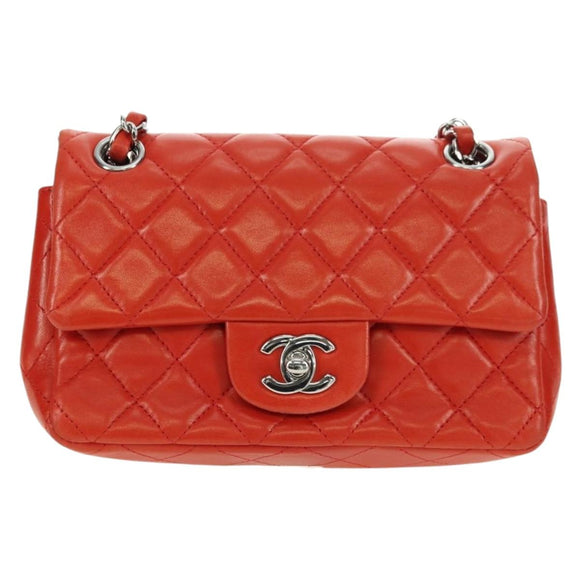 CHANEL Chain Mini Matelasse 19 Bag Lamb Skin Red Silver CC Auth 179620SAV