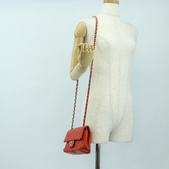 CHANEL Chain Mini Matelasse 19 Bag Lamb Skin Red Silver CC Auth 179620SAV