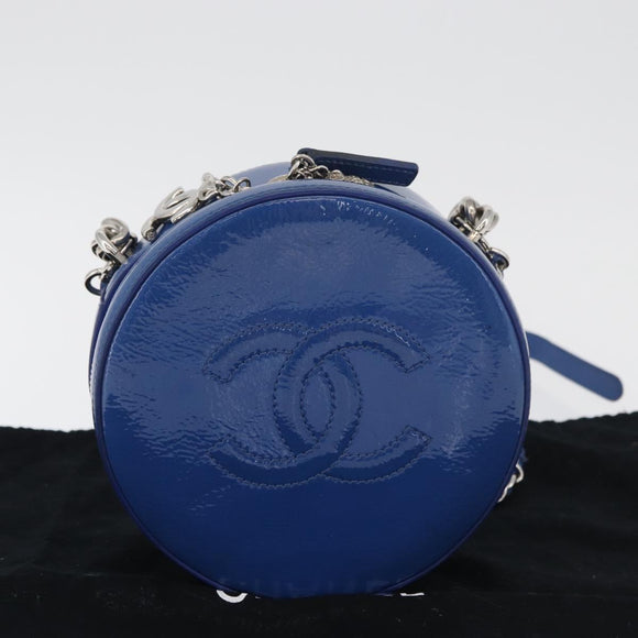 CHANEL Matelasse Chain Shoulder Bag Patent leather Blue Silver CC Auth 179626SAM