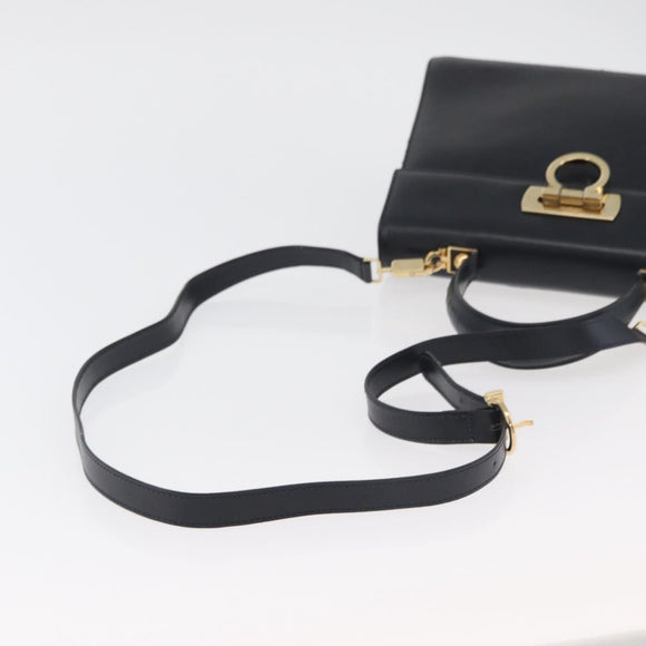 Salvatore Ferragamo Gancini Hand Bag Leather 2way Navy Gold Auth 179637