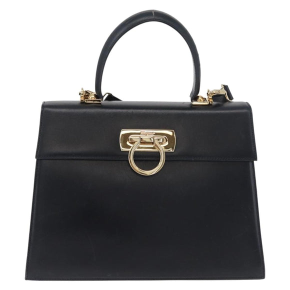 Salvatore Ferragamo Gancini Hand Bag Leather 2way Navy Gold Auth 179637