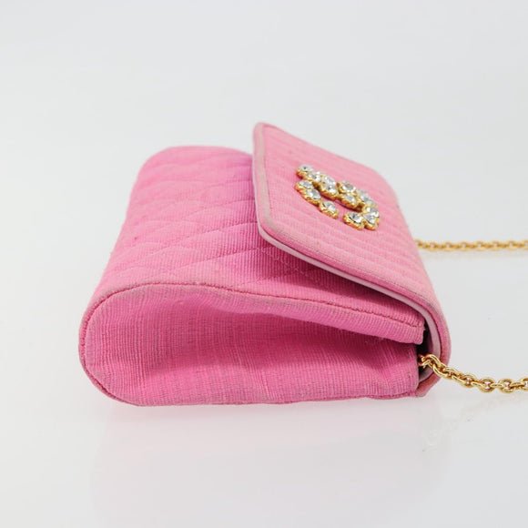 CHANEL Matelasse Chain Shoulder Bag Satin Gold Pink CC Auth 179642A