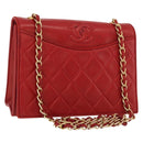 CHANEL Matelasse Chain Shoulder Bag Lamb Skin Red Gold CC Auth 179645A-1