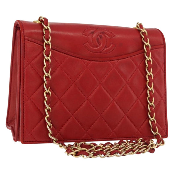 CHANEL Matelasse Chain Shoulder Bag Lamb Skin Red Gold CC Auth 179645A