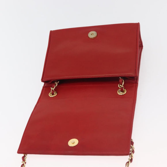 CHANEL Matelasse Chain Shoulder Bag Lamb Skin Red Gold CC Auth 179645A