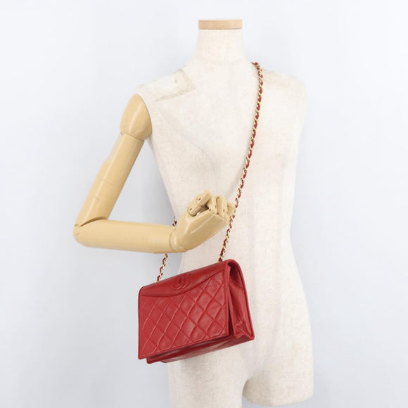 CHANEL Matelasse Chain Shoulder Bag Lamb Skin Red Gold CC Auth 179645A