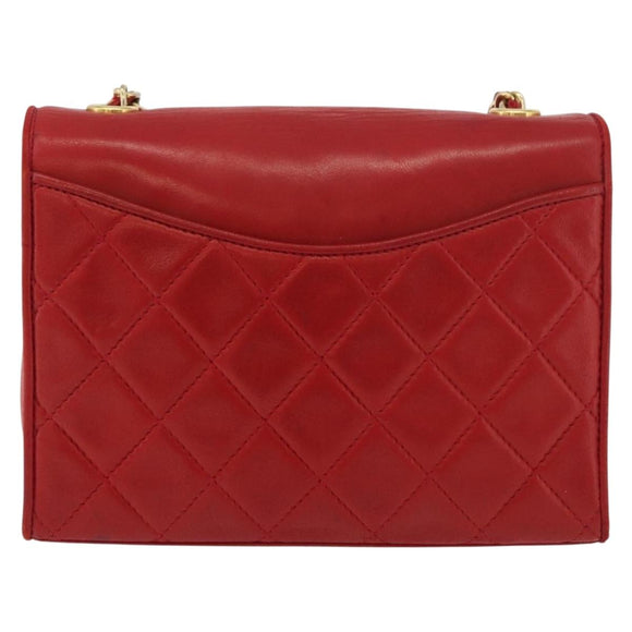 CHANEL Matelasse Chain Shoulder Bag Lamb Skin Red Gold CC Auth 179645A