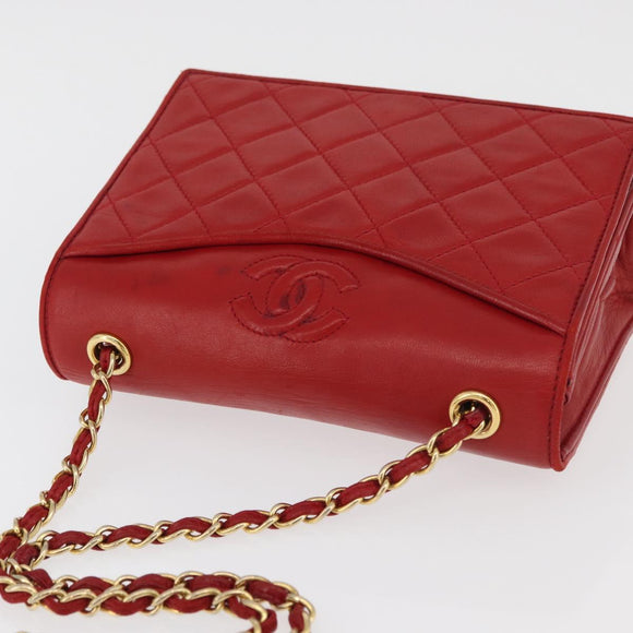 CHANEL Matelasse Chain Shoulder Bag Lamb Skin Red Gold CC Auth 179645A