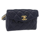 CHANEL Matelasse Waist Bag Lamb Skin Navy Gold CC Auth 179694-1