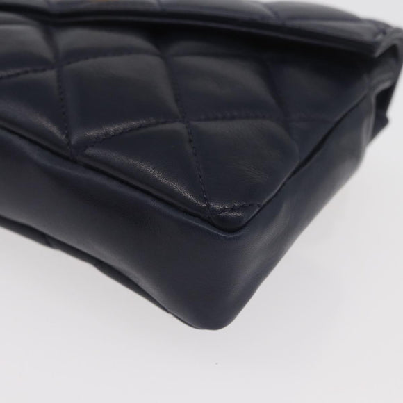 CHANEL Matelasse Waist Bag Lamb Skin Navy Gold CC Auth 179694