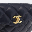 CHANEL Matelasse Waist Bag Lamb Skin Navy Gold CC Auth 179694-15