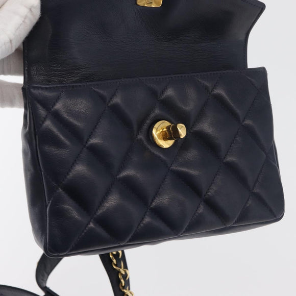 CHANEL Matelasse Waist Bag Lamb Skin Navy Gold CC Auth 179694