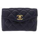 CHANEL Matelasse Waist Bag Lamb Skin Navy Gold CC Auth 179694-2
