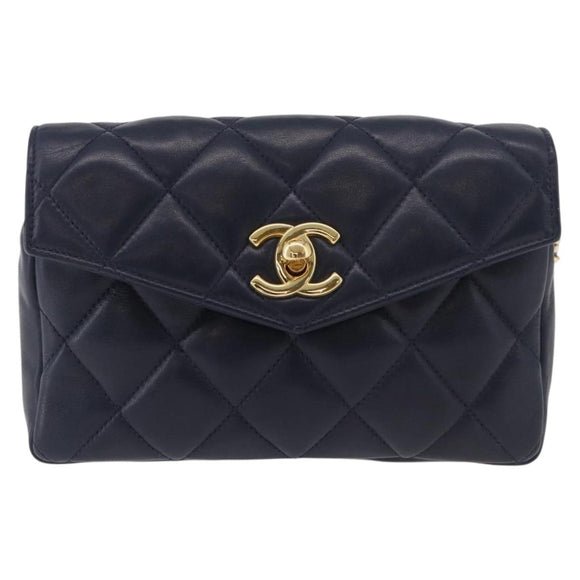 CHANEL Matelasse Waist Bag Lamb Skin Navy Gold CC Auth 179694