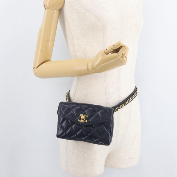 CHANEL Matelasse Waist Bag Lamb Skin Navy Gold CC Auth 179694