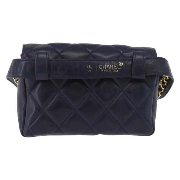 CHANEL Matelasse Waist Bag Lamb Skin Navy Gold CC Auth 179694
