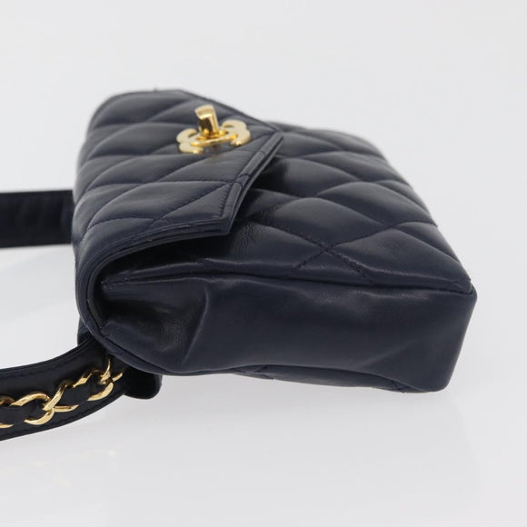 CHANEL Matelasse Waist Bag Lamb Skin Navy Gold CC Auth 179694